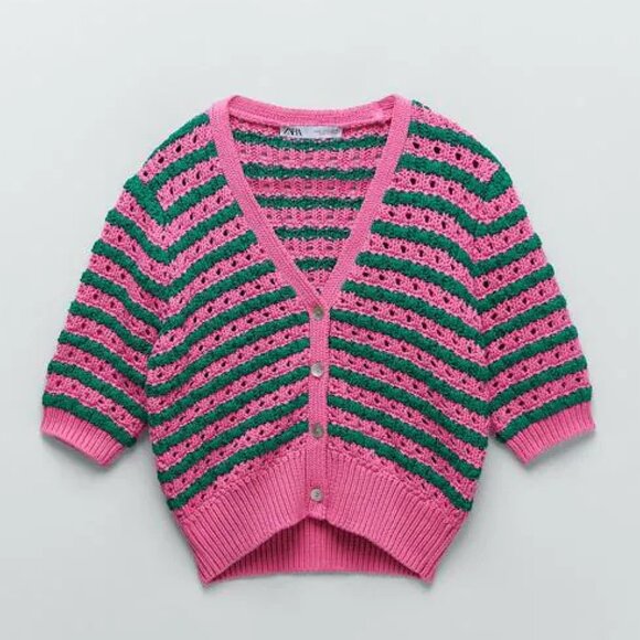 BLOGGER'S FAVE! Zara Striped Knit Jacket Button Up Sweater Pink Green NWT - Picture 11 of 12
